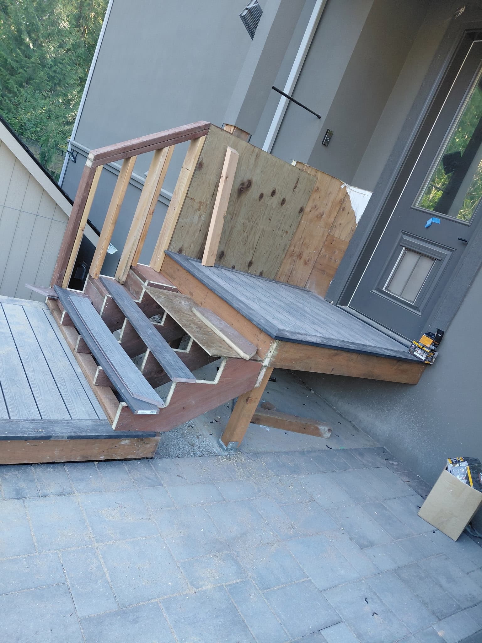 Deck structure under construction showing framing and structural supports